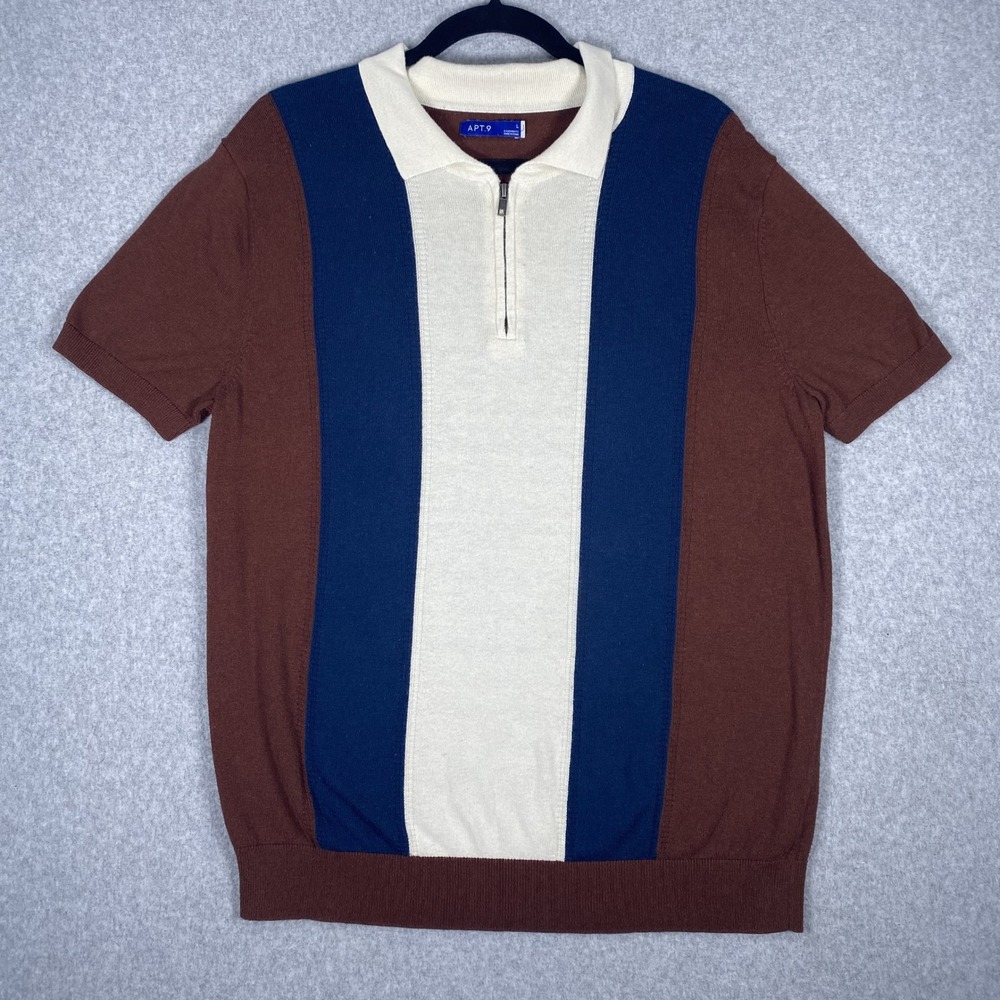 Apt. 9 Knit Polo Shirt Mens Large Brown Colorblock Quarter Zip Short Sleeve